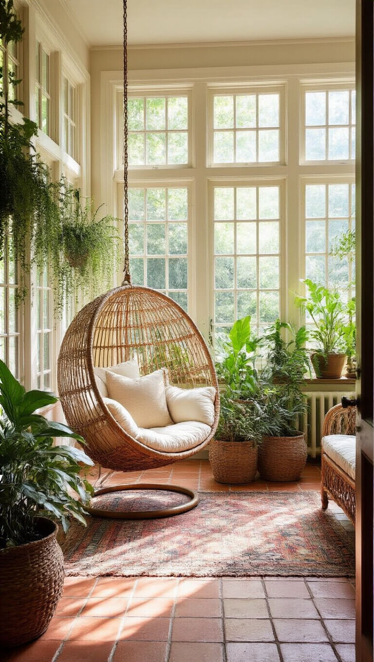 Sunlit 12x14ft sunroom with floor-to-ceiling windows, rattan egg chair and furniture on vintage rug, terra cotta tile floor, and lush plants in woven baskets.