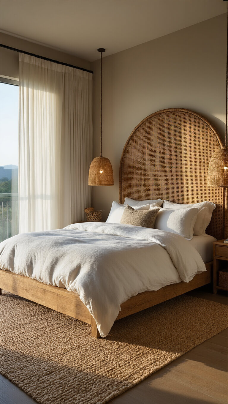 Low-angle view of a cozy 16x18ft primary bedroom suite at golden hour, featuring a rumpled linen-dressed platform bed with an oversized rattan headboard, woven pendant lights, layered rugs, and global textiles.