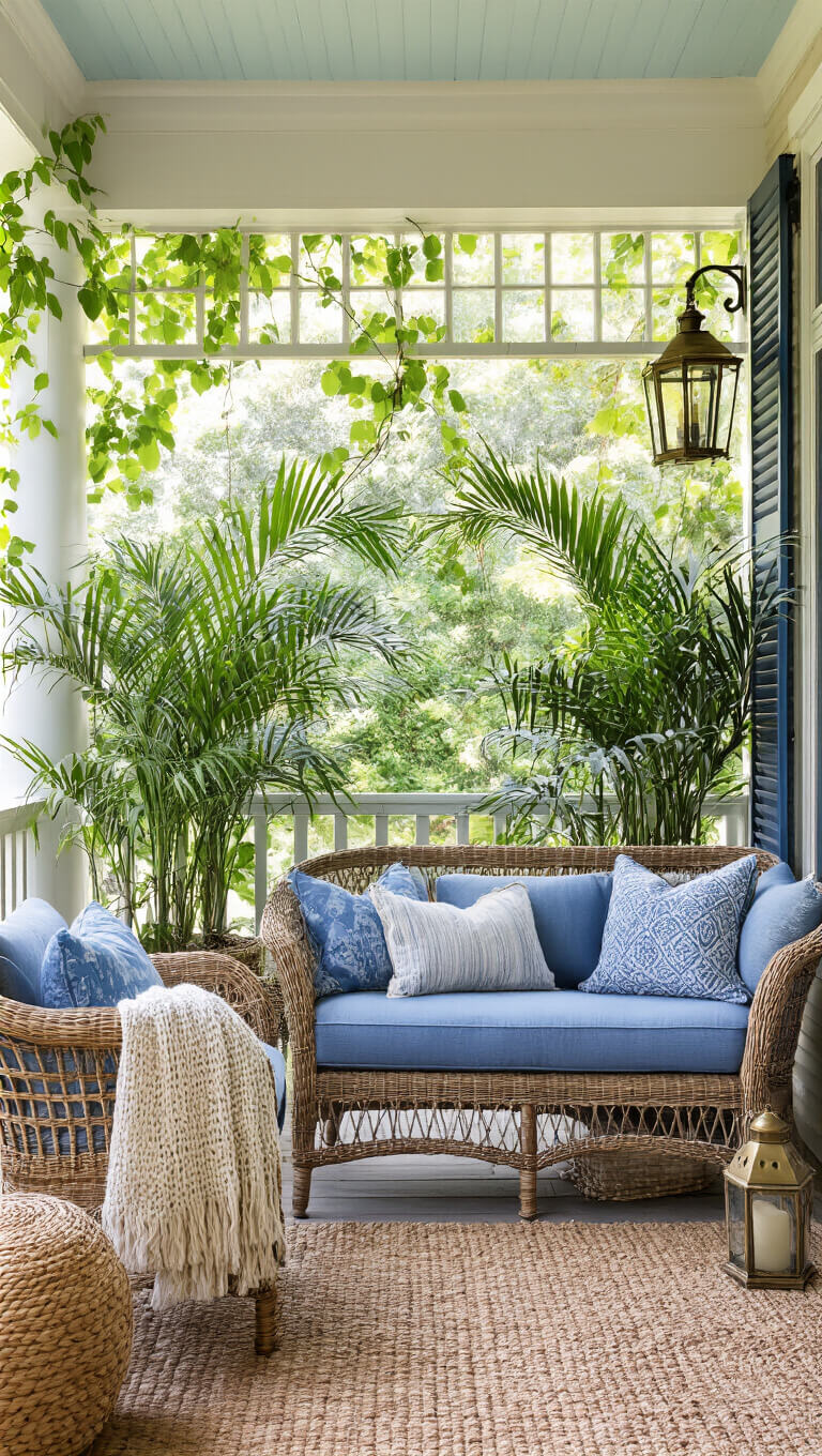 Covered porch with rattan loveseat in coastal blue, potted palms, woven throw, and vintage brass lanterns in dappled morning light.