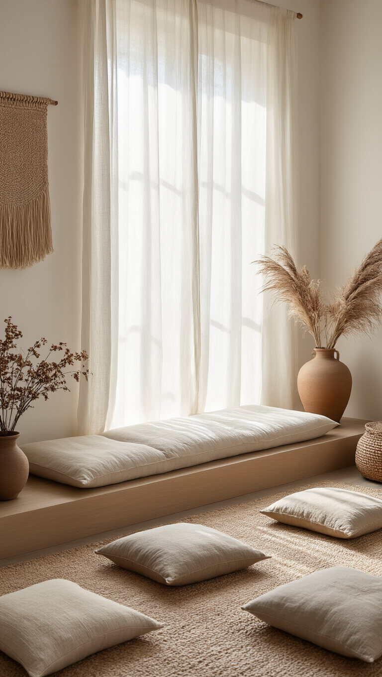 Close-up of a serene meditation corner with a natural linen cushion, soft morning light filtering through sheer curtains, muted floor pillows, and textured decor elements.