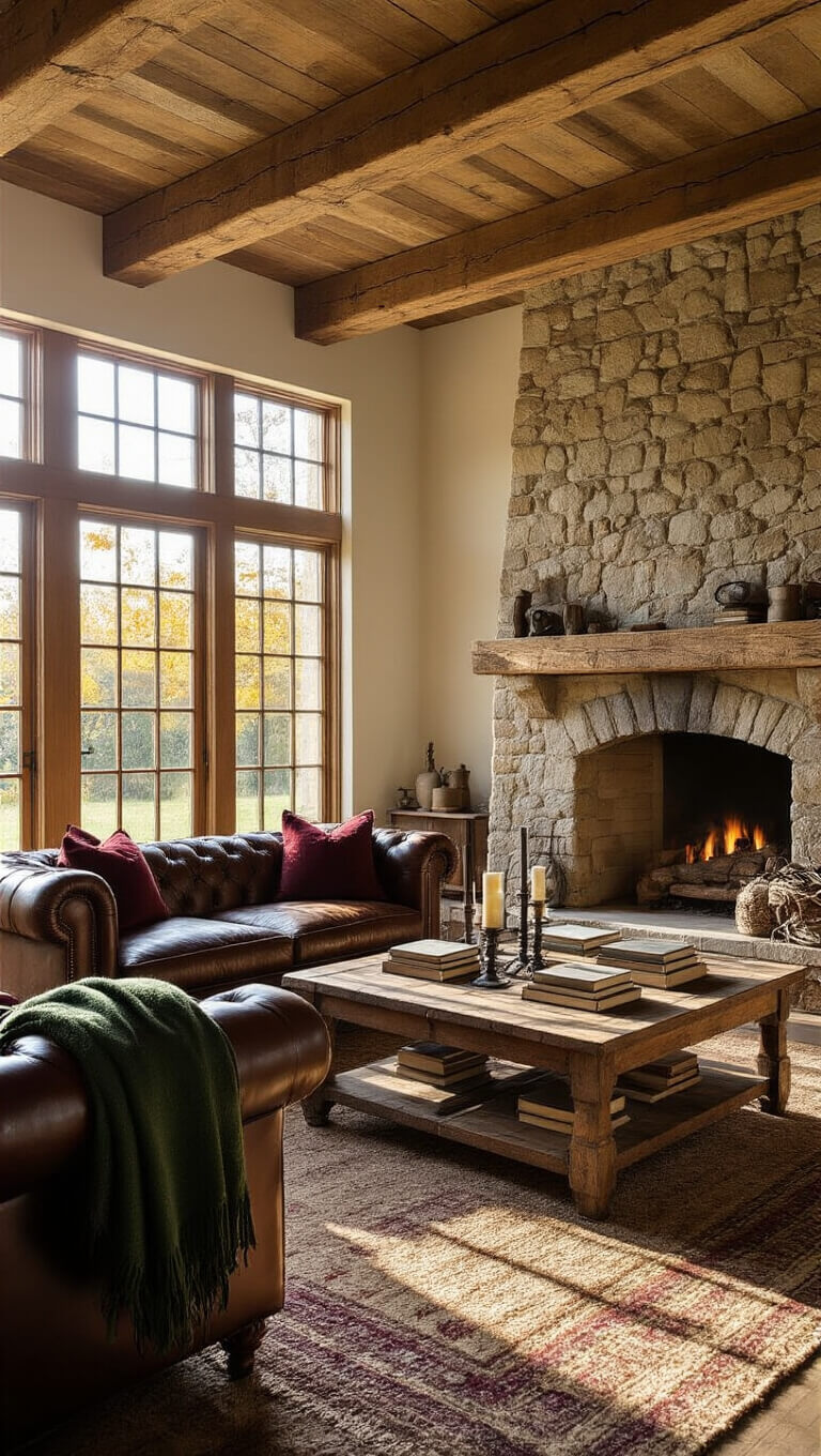 Golden hour light fills a rustic 20x24ft living room with exposed beams, stone fireplace, leather Chesterfield sofa, and vintage decor.