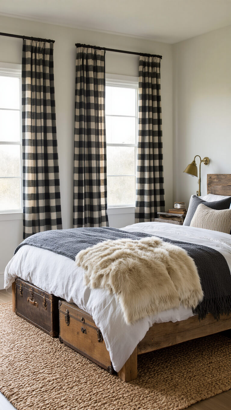 Cozy 12x14ft bedroom at dawn with king-size reclaimed timber bed, layered earth-tone bedding, jute rug, buffalo check curtains, and vintage trunk nightstand with brass lamp.