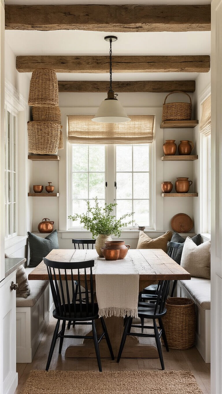 Rustic kitchen nook with salvaged wood table, black Windsor chairs, built-in bench, hanging baskets, copper cookware on shelves, and ceramic pottery, shot from above in warm natural light.