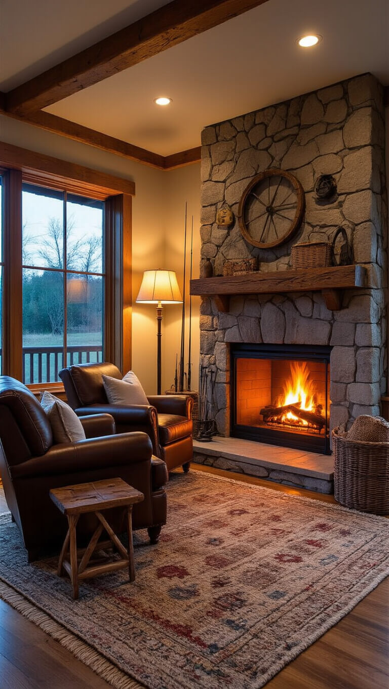 Cozy den at dusk with tall stone fireplace, crackling fire, leather armchair, layered wool rugs, and vintage fishing decor.