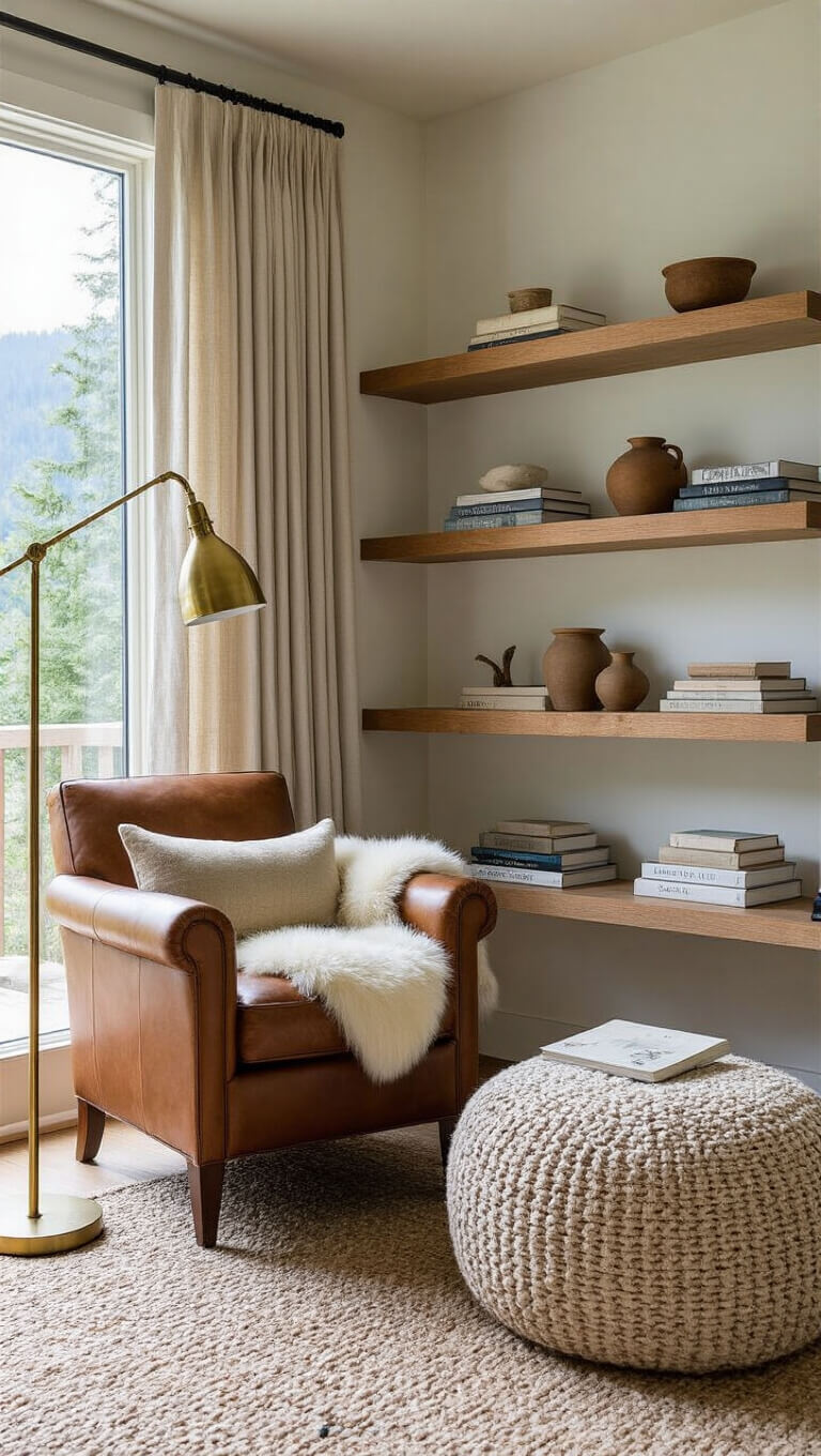 Mountain-view reading corner with leather chair, brass lamp, sheepskin throw, and kilim pouf by floor-to-ceiling windows framed with oatmeal linen drapes.