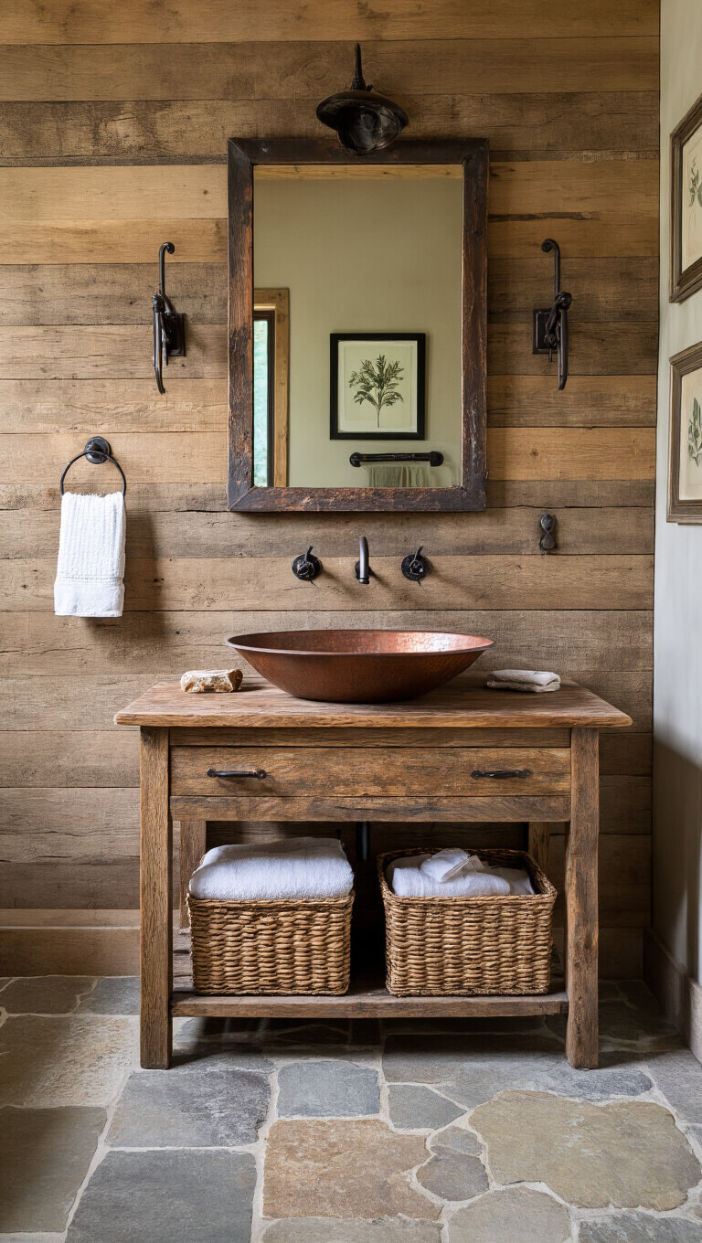Rustic 8x10ft bathroom with reclaimed wood vanity, hammered copper sink, vintage patina mirror, stone tile floor, cedar accent wall, iron towel racks, woven baskets, and botanical prints in soft morning light.
