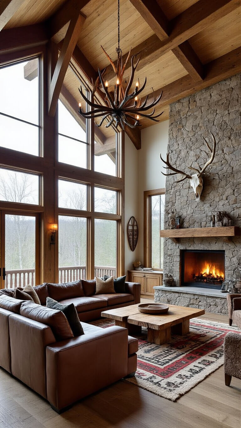Open-concept great room with stone fireplace, timber trusses, wall of windows, brown leather sectional, raw edge coffee table, Navajo rugs, antler chandelier, and vintage snowshoes on wall, lit by dramatic late afternoon light.