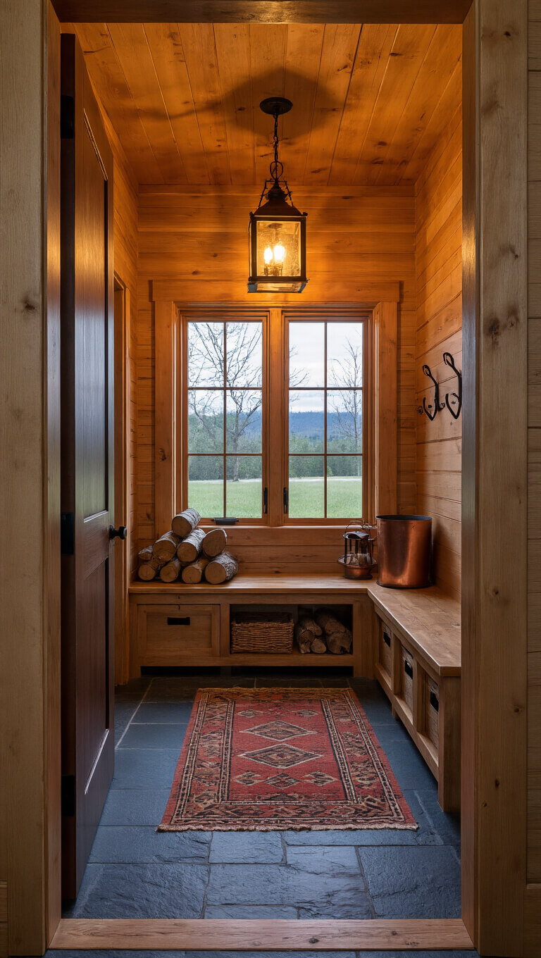 Twilight view of cabin entryway with slate floor, vintage runner, knotty pine bench with drawers, iron coat hooks, antique lantern light, and birch logs in copper vessel.