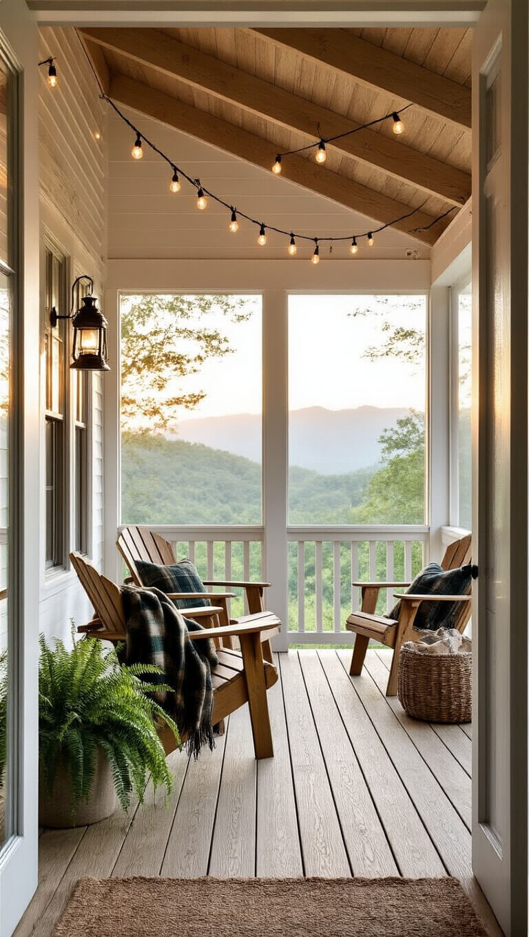 Screened porch at golden hour with white oak decking, exposed rafters strung with lights, Adirondack chairs in weathered teak with plaid wool throws, vintage lanterns, potted ferns, and mountain views framed through a doorway in natural backlight.