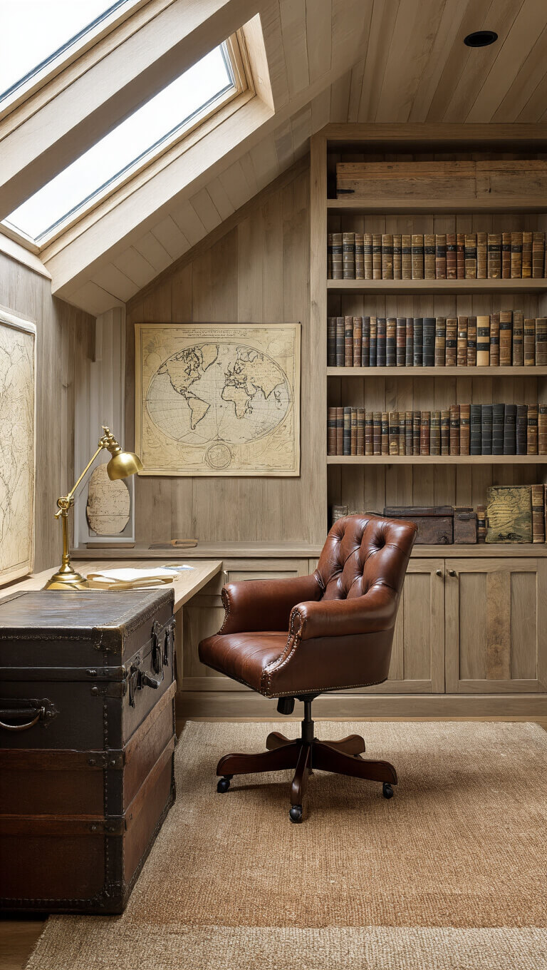 Loft study with sloped ceiling and skylights, antique furnishings, built-in pine bookshelves, leather chair, and vintage accents in warm afternoon light.