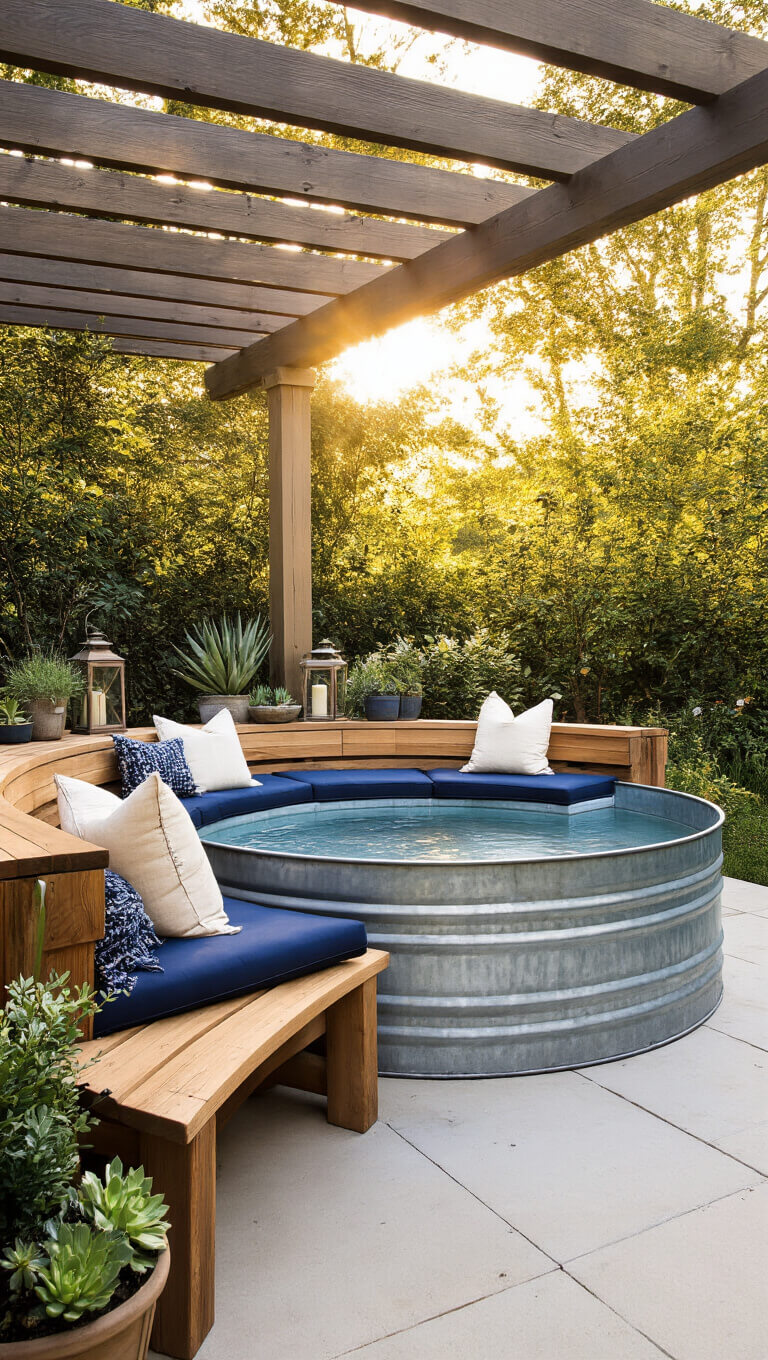 Sunlit backyard with galvanized steel stock tank pool and quarter-wrap cedar bench adorned with navy cushions and cream pillows, shot at low angle with blurred landscaped background.