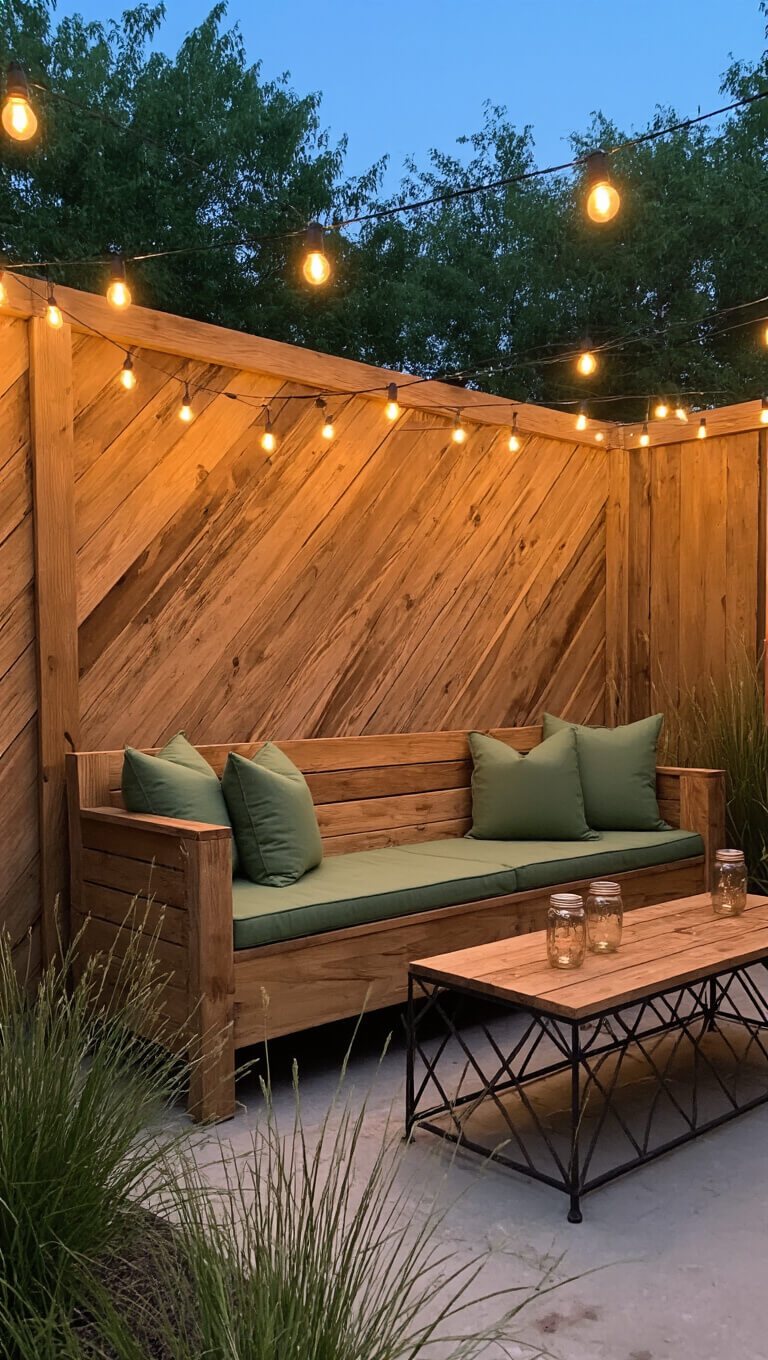 Rustic poolside bench with diagonal wood planks and sage cushions under solar string lights, vintage table with mason jar drinks, and native grasses in moody evening light.
