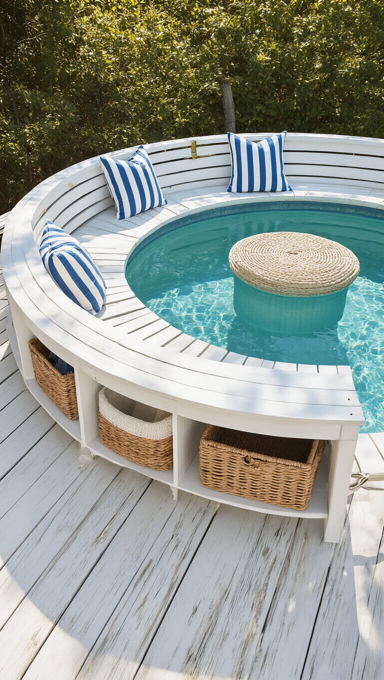 Coastal-inspired stock tank pool with whitewashed cedar bench, nautical rope and brass details, striped cushions, and aqua reflections during golden hour.