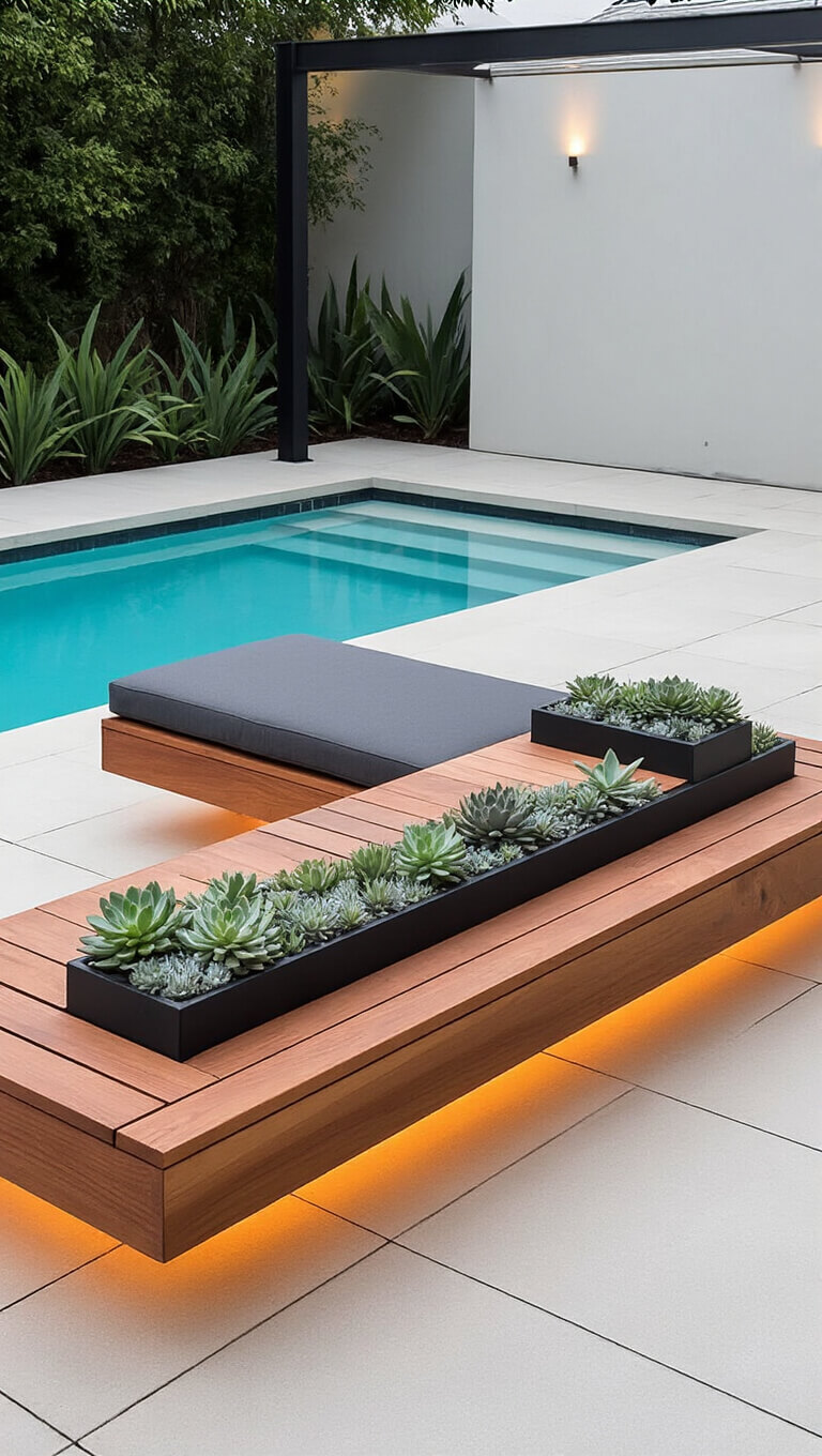 Contemporary redwood poolside bench with black supports, charcoal cushions, LED strip lighting, and angular succulent planters, captured in dramatic side lighting.
