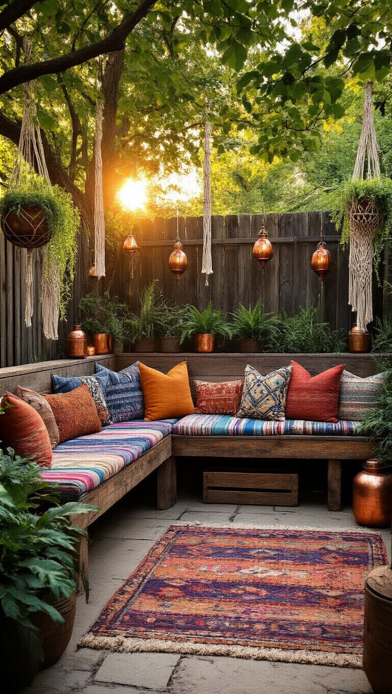 Bohemian backyard oasis with L-shaped reclaimed wood bench, Moroccan cushions, macramé plants, and copper lanterns at sunset.