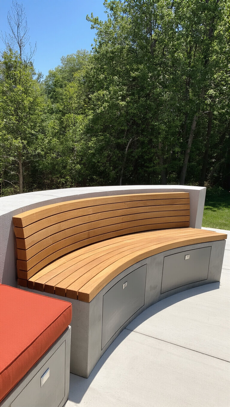 Curved teak bench with ergonomic backrest around 6ft stock tank on grey concrete patio, featuring built-in storage and terracotta cushions in bright sunlight.