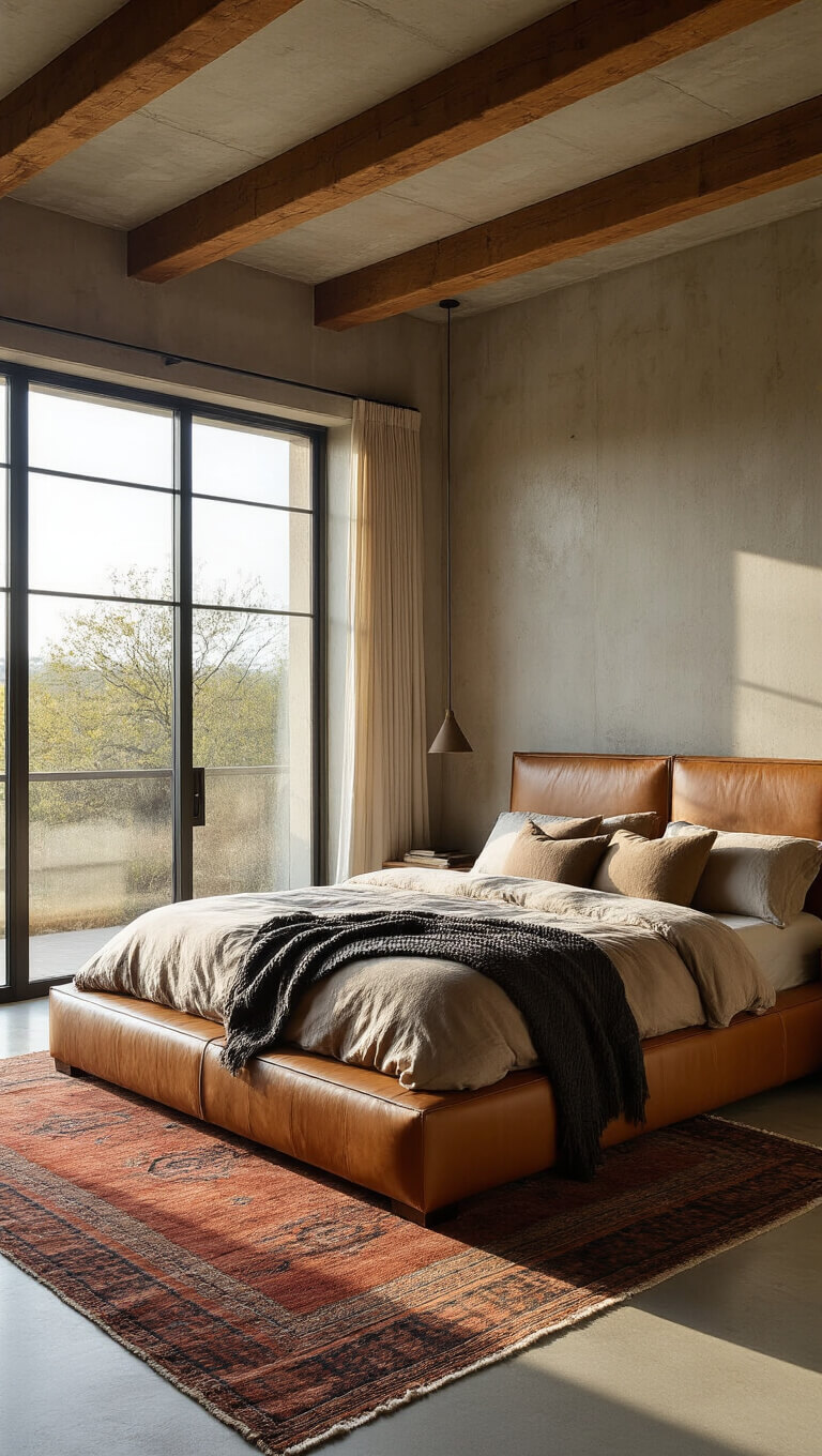 Modern masculine bedroom with cognac leather bed, stone-washed linens, chunky knit throw, raw wood beams, concrete floors, and vintage kilim rugs lit by golden hour sunlight through floor-to-ceiling windows.
