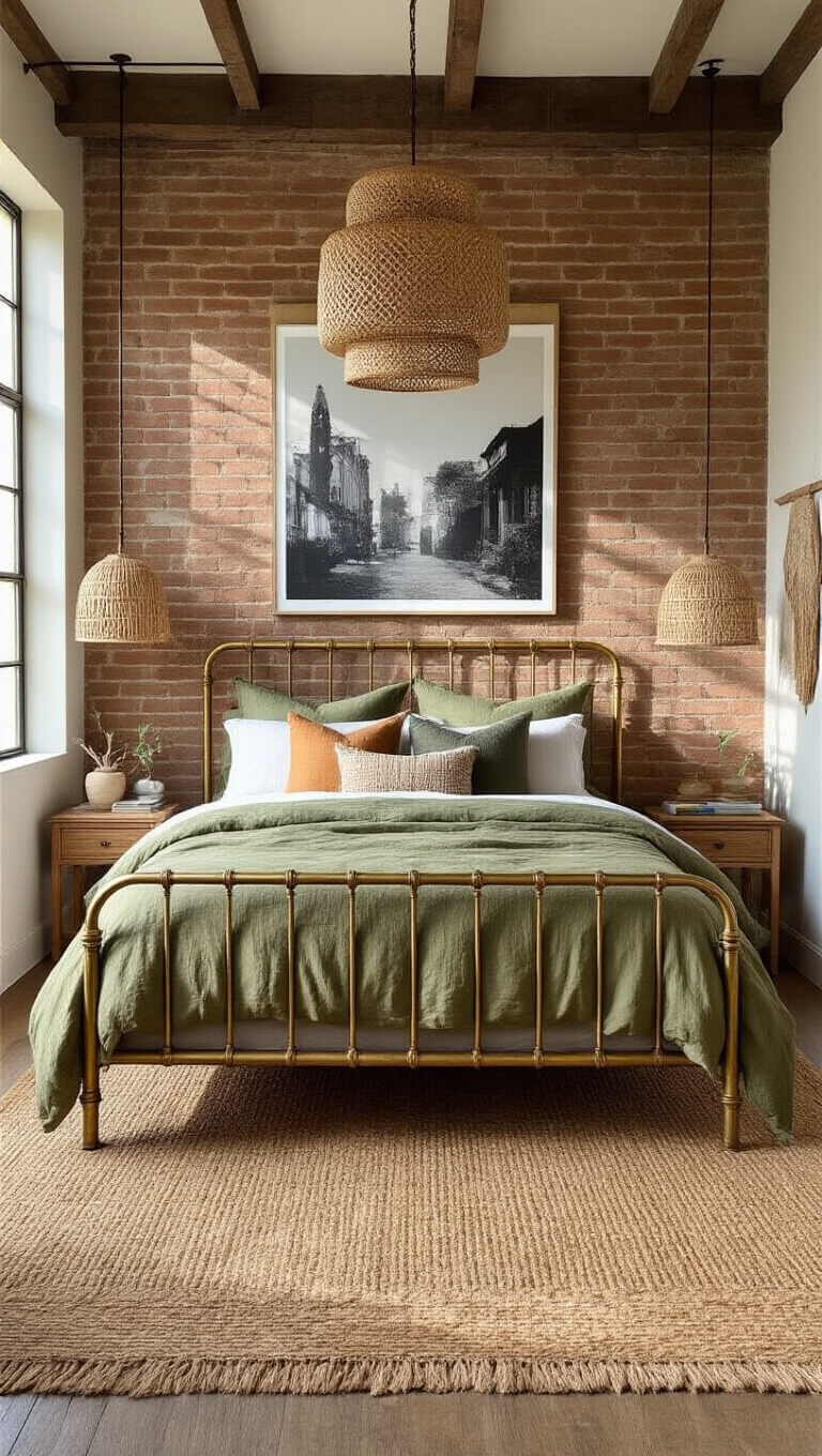 Boho bedroom with brass bed, olive bedding, earth-tone pillows, layered rugs, brick wall with black-and-white photos, and rattan pendant in bright natural light.