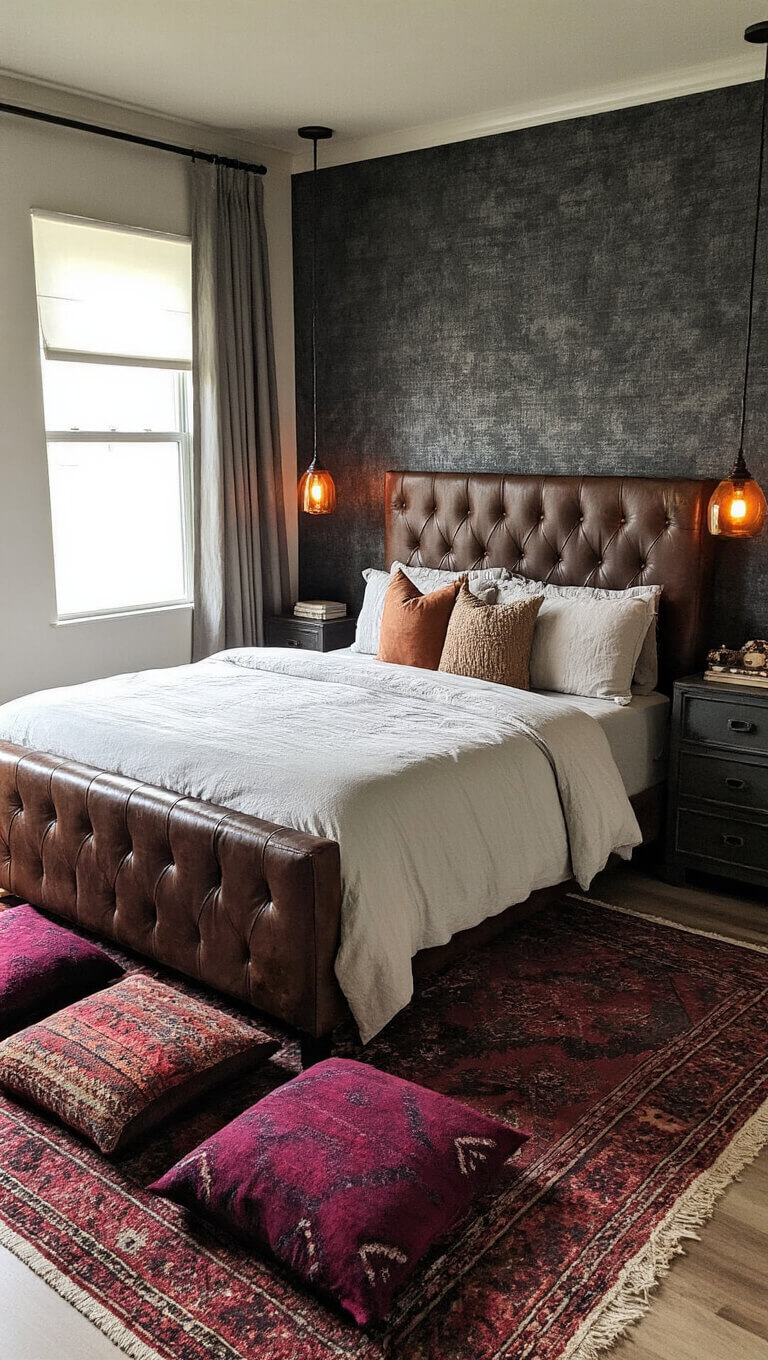 Moody evening bedroom with distressed leather bed, industrial nightstands, charcoal wallpaper, jewel-toned Moroccan pillows, vintage rugs, and warm amber pendant lighting.