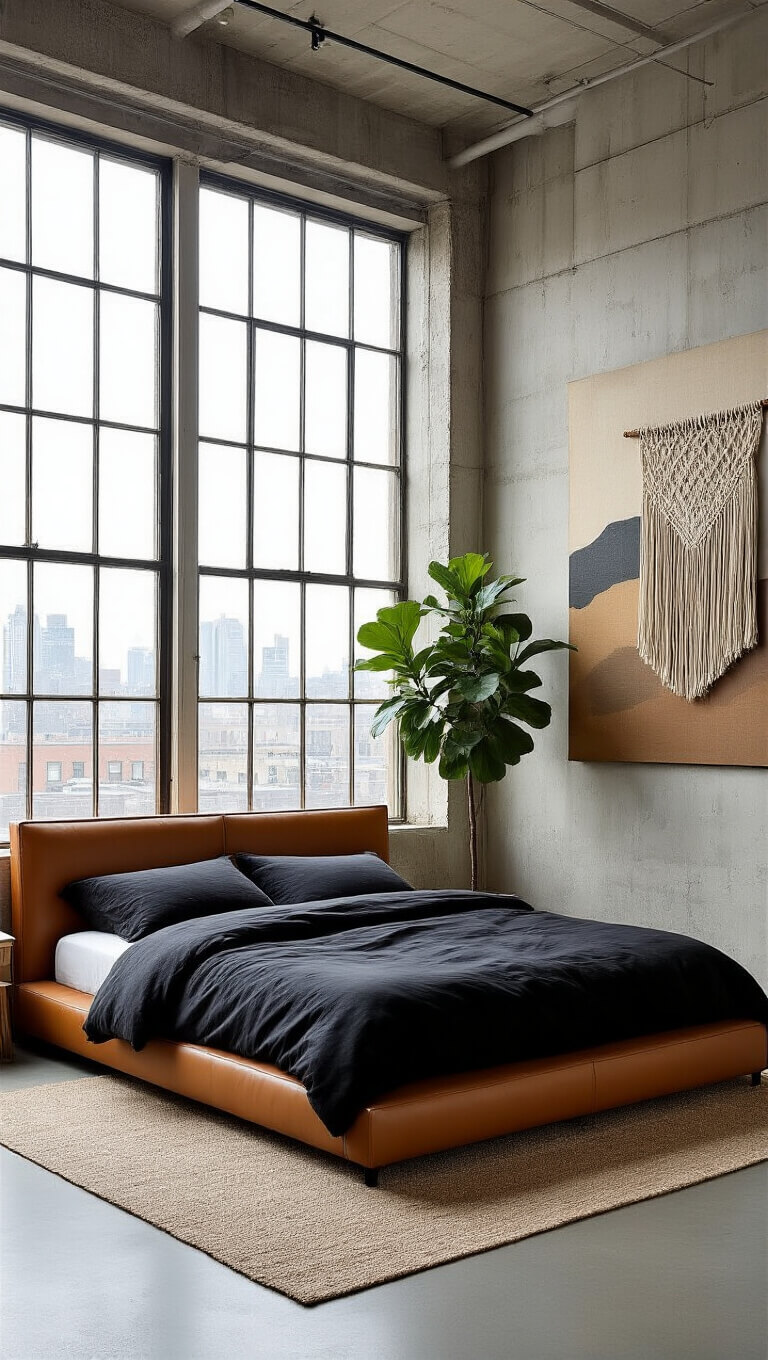 Modern loft bedroom with large industrial windows, black linen bed, camel leather headboard, concrete walls, abstract art, macramé decor, and fiddle leaf fig.
