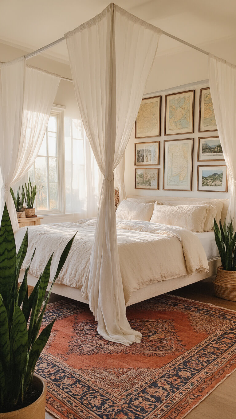 Boho-style bedroom at dawn with four-poster bed, sheer curtains, vintage rug, gallery wall of maps and photos, and snake plants in soft morning light.