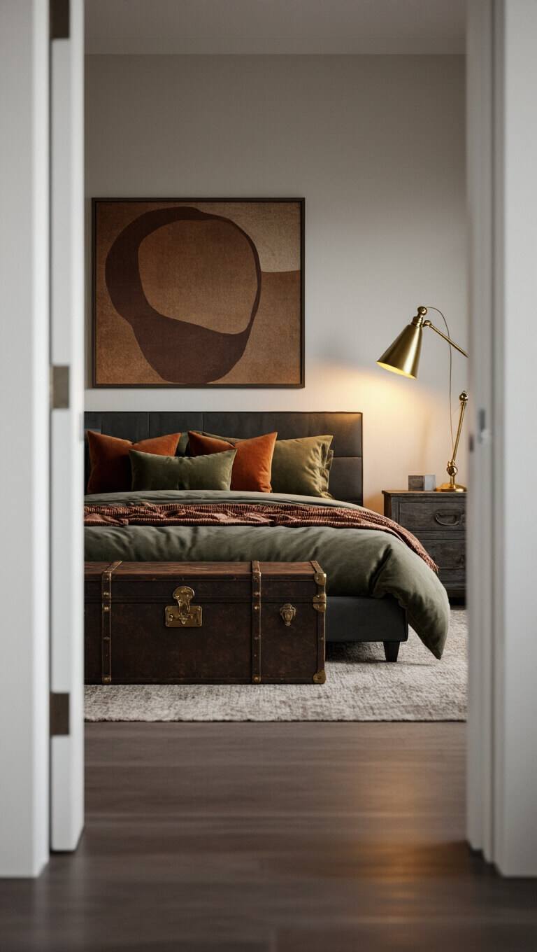 Moody dusk-lit bedroom with leather platform bed, velvet headboard, earth-tone accents, vintage trunk nightstand, and brass floor lamp.