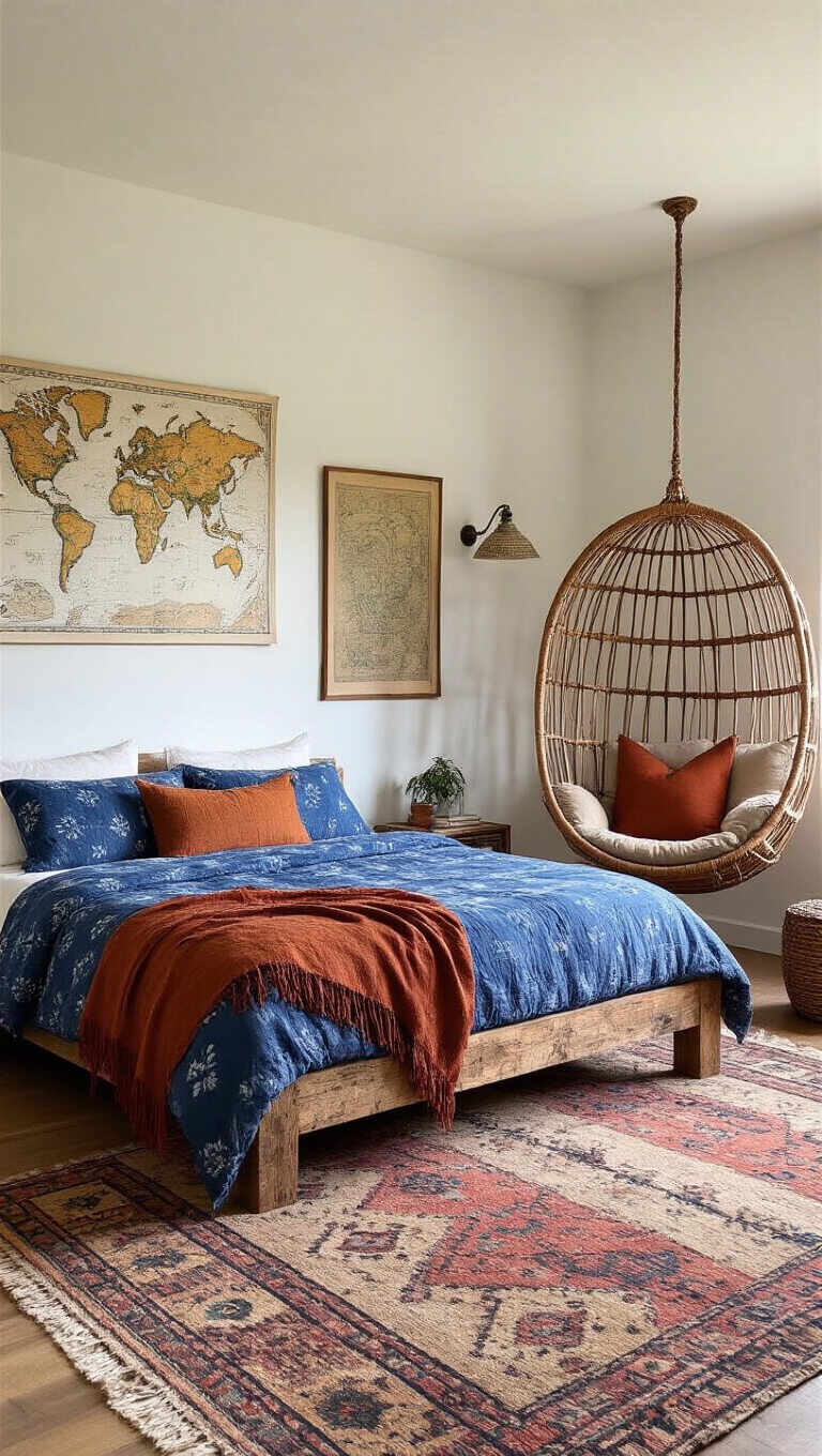 Eclectic 13x15ft room with reclaimed wood bed, indigo and rust bedding, hanging rattan chair, gallery wall, layered tribal rugs, and afternoon natural light.