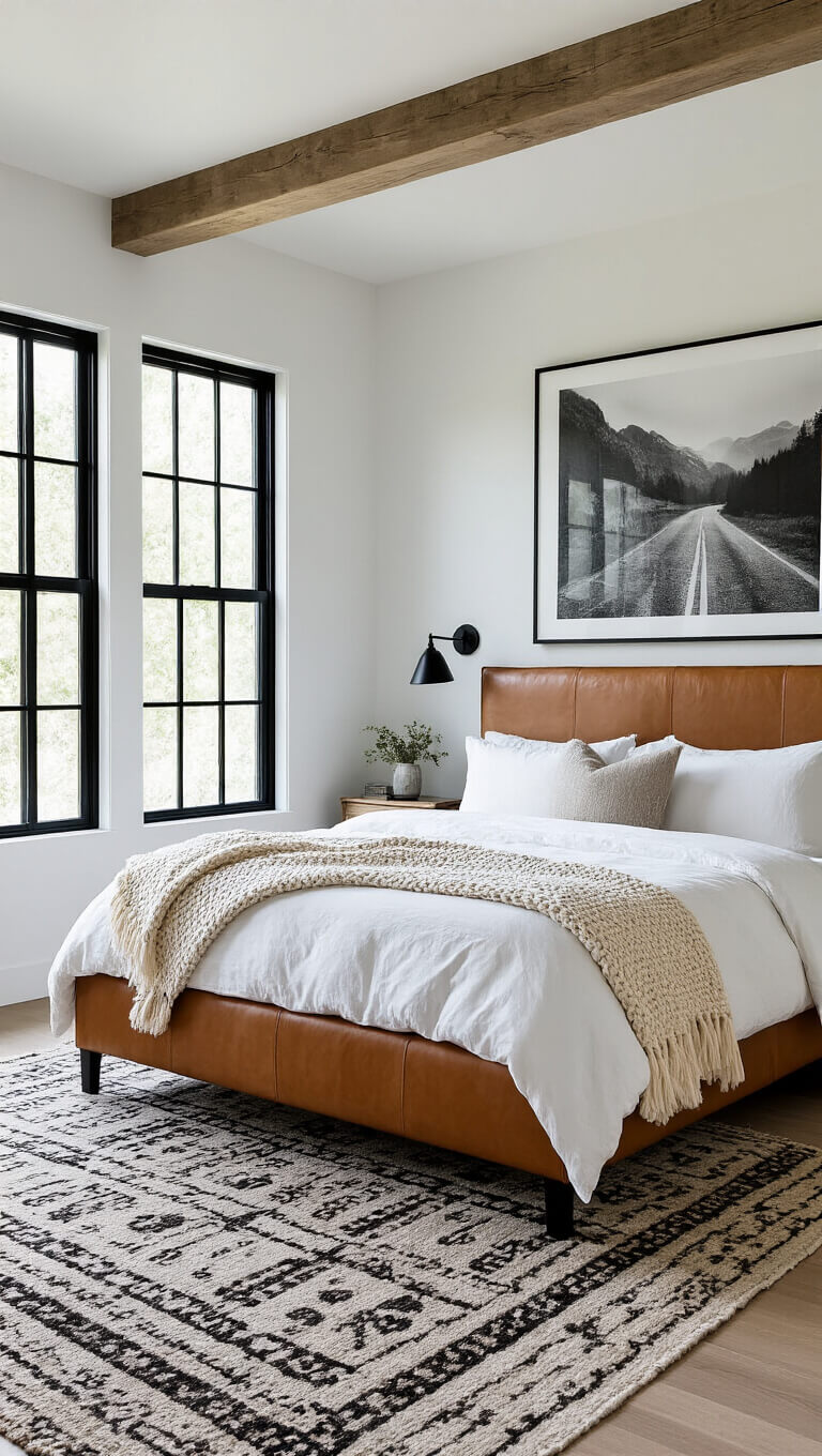 Modern 14x16ft bedroom with black steel-framed windows, white walls, cognac leather bed, white linens, chunky knit throws, vintage kilim runners, and black-and-white photography above headboard.