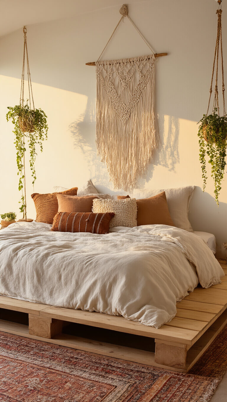 Boho-style 12x14ft bedroom at sunset with low wooden bed, ivory linens, earth-toned pillows, macramé wall hanging, vintage rugs, brass accents, and hanging plants.