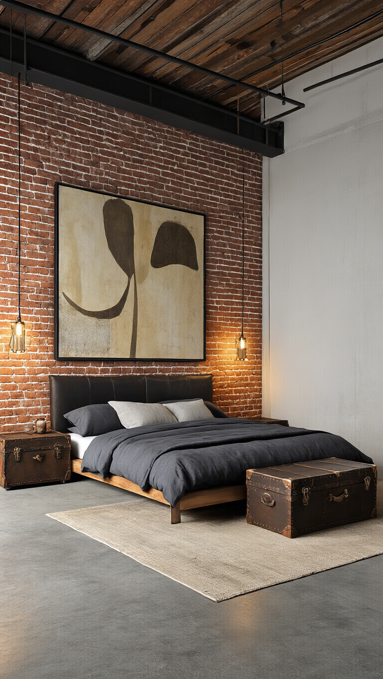 Industrial loft bedroom with exposed brick, concrete floors, platform bed in charcoal linen, vintage trunk nightstands, abstract earth-tone art, and dramatic side lighting from the corner.