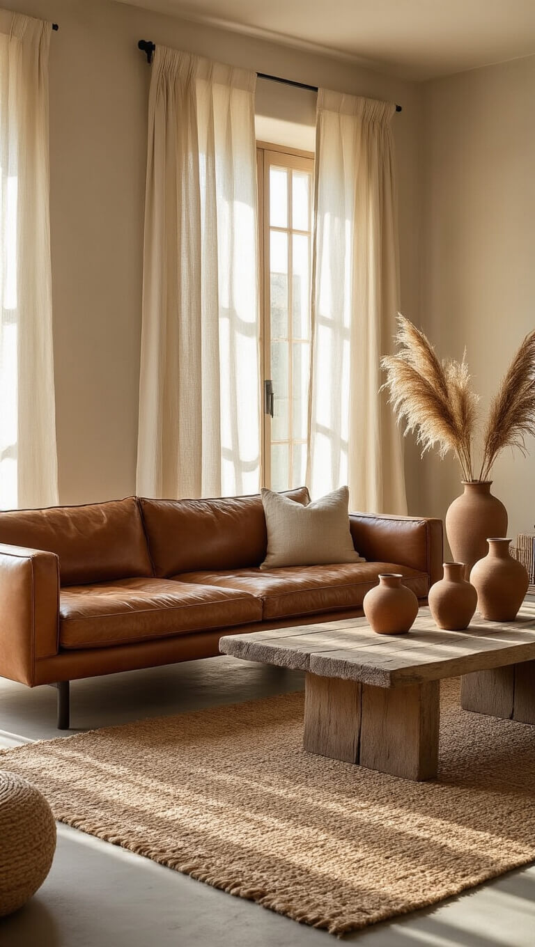 Cozy 14x16ft living room in golden hour light with weathered leather sofa, raw plaster walls, jute rug, reclaimed oak coffee table, ceramic vessels, and dried pampas grass in warm earth tones.