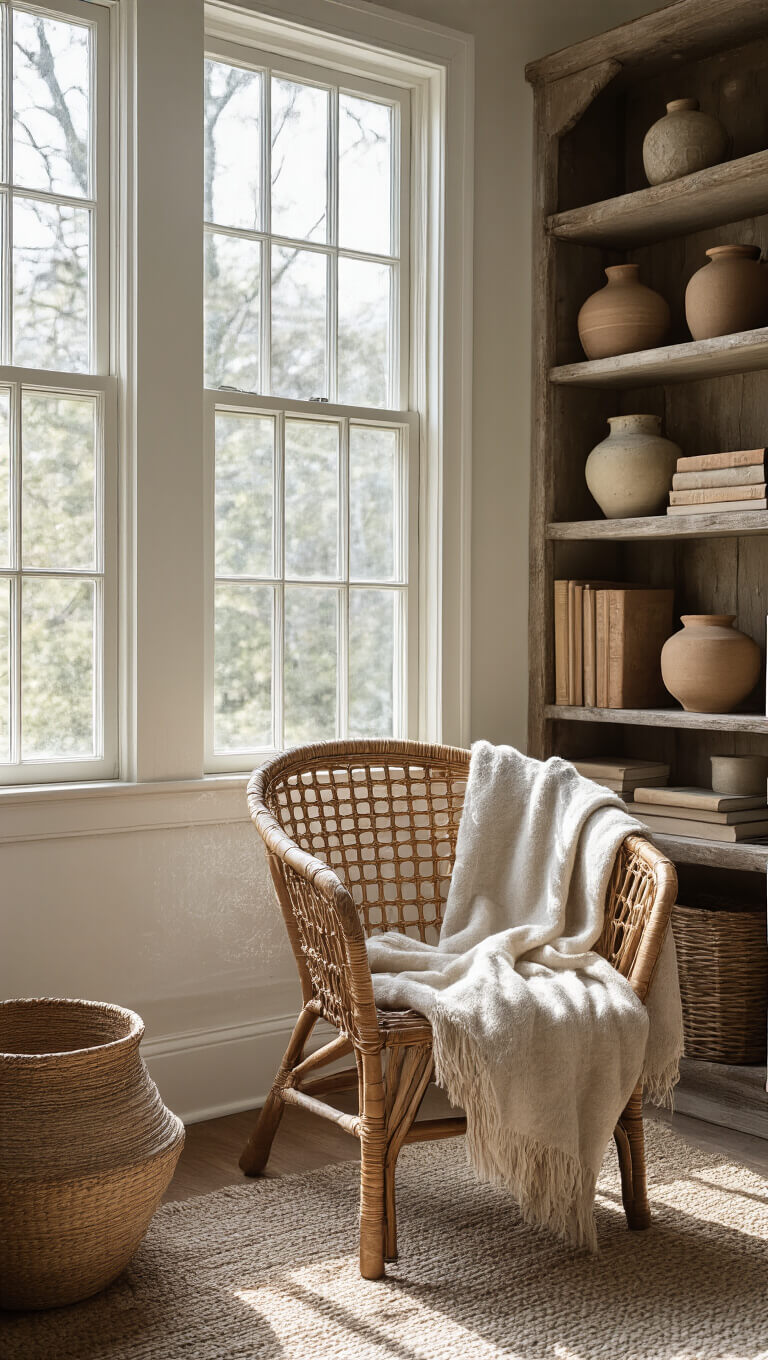 Vintage rattan chair with wool throw in sunlit reading nook, backed by weathered bookshelf with pottery and books, featuring wabi-sabi textures and earthy tones.