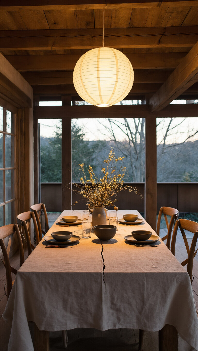 Cozy dusk-lit dining space with exposed beams, oak table, mismatched ceramics, creased linen, and dried botanicals under a glowing paper lantern.