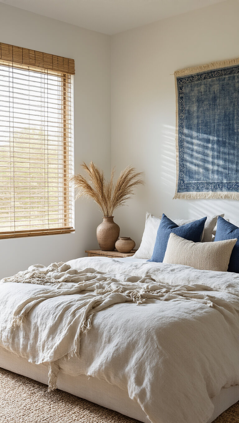 Sunlit master bedroom with rumpled natural linen bed, vintage indigo textile art on whitewashed wall, unglazed ceramic vessels, and textured raw silk cushions.