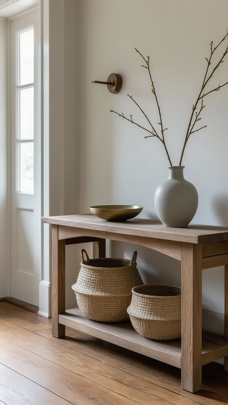 Minimalist 8x10ft entryway with worn hardwood floors, handwoven basket under wooden console, ceramic bowl and brass dish for keys, and ikebana in crackle-glazed vase, lit by natural side light.