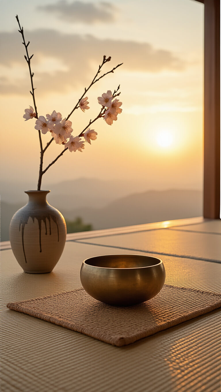 Low-angle view of a serene 10x12ft meditation space at dawn with worn tatami mats, a wooden meditation cushion on a hemp mat, a weathered brass singing bowl, and a cherry blossom branch in a glazed ceramic vase, bathed in soft morning light.