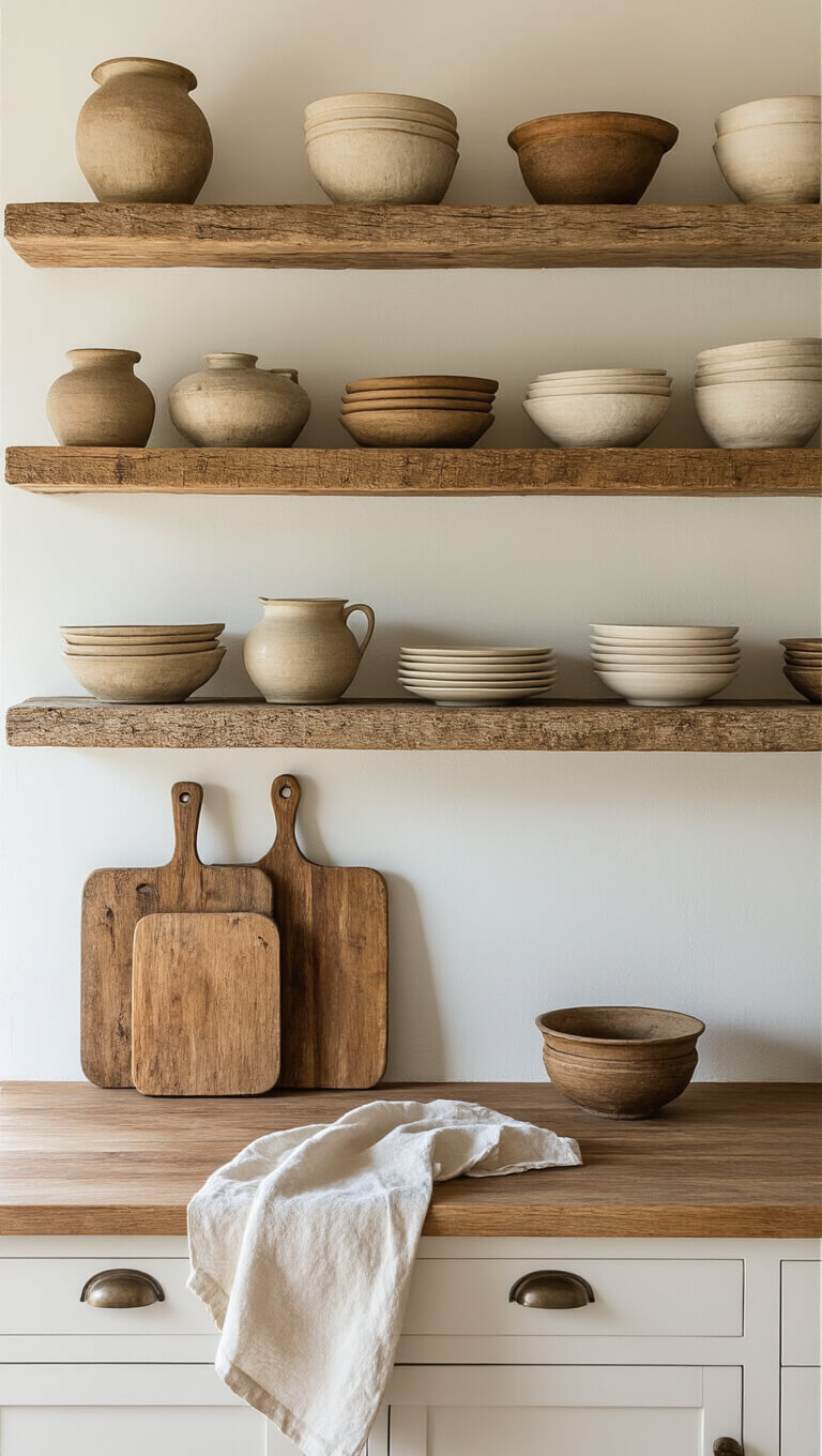 Sunlit 14x16ft kitchen with reclaimed wood open shelving, worn pottery, vintage cutting boards, and linen tea towels, in warm wood and cream tones.