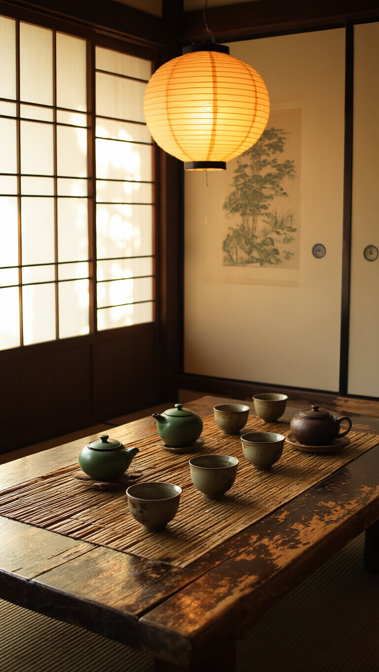 Intimate tea corner with aged wooden table, ceramic tea bowls, bamboo mat, and glowing paper lantern at sunset.