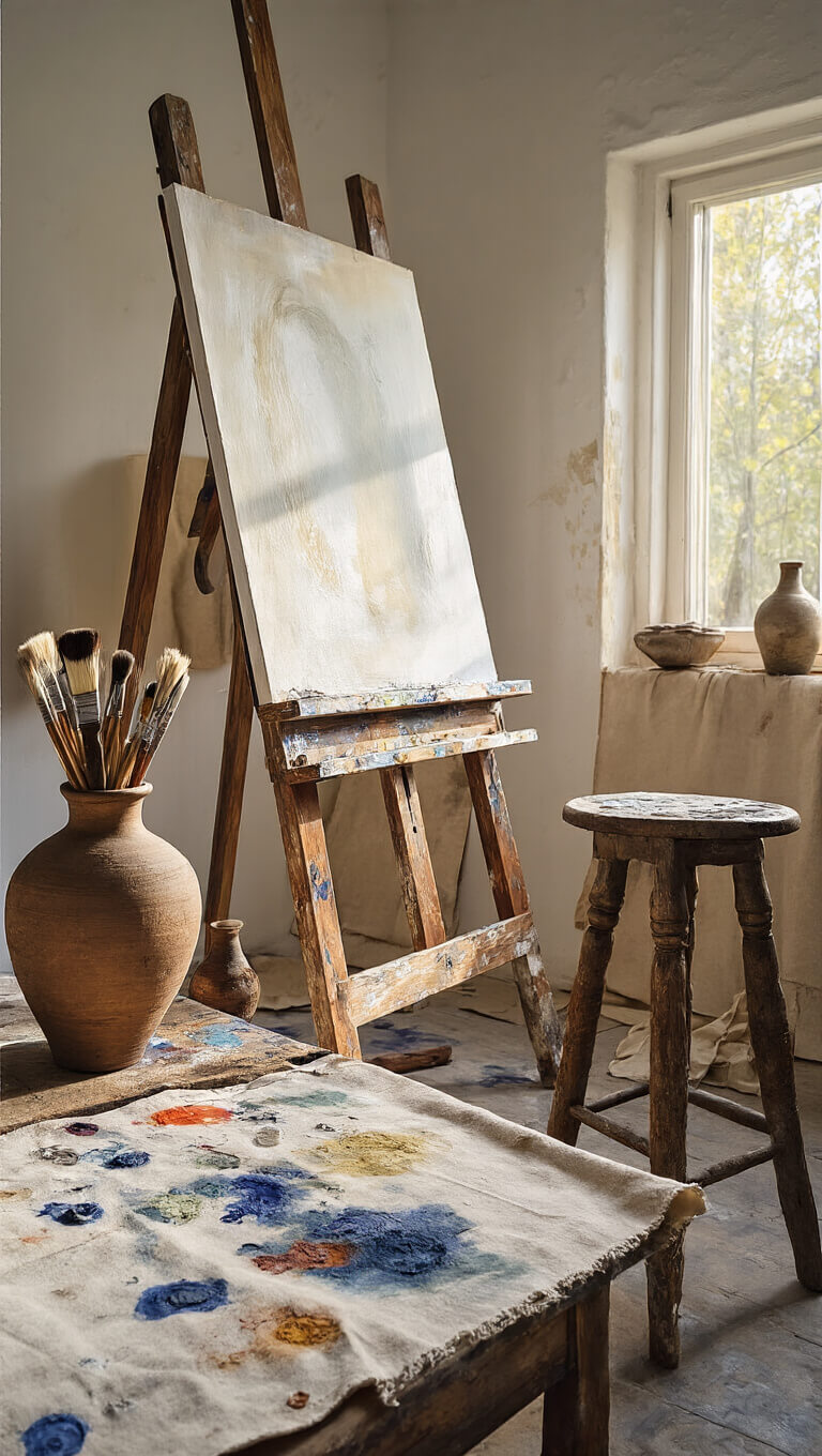 Sunlit artist's studio with paint-splattered easel, ceramic jars of brushes, stained canvas drop cloths, and vintage wooden stool in warm morning light.