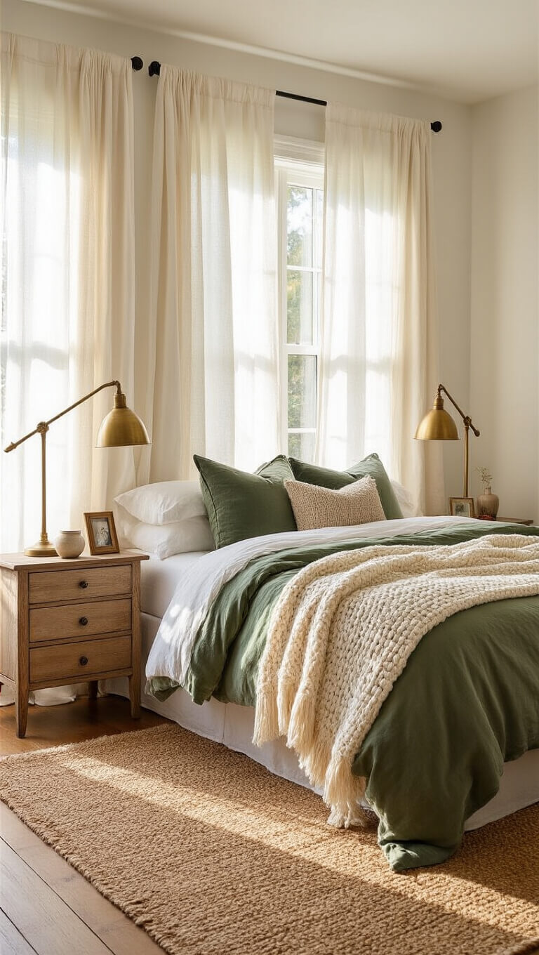 Cozy 14x16ft sunlit bedroom with queen bed in cream linens and sage accents, vintage lighting, oak nightstands, and jute rug over hardwood floors.