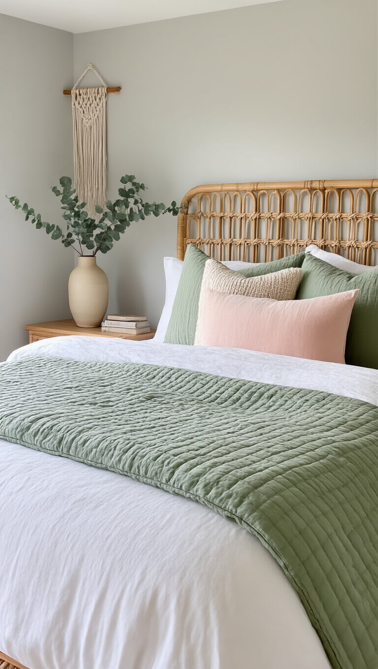 Cozy primary bedroom with white duvet, sage green quilt, blush textured pillows, rattan headboard, macramé wall hanging, and eucalyptus in vase on floating shelf, bathed in soft morning light.