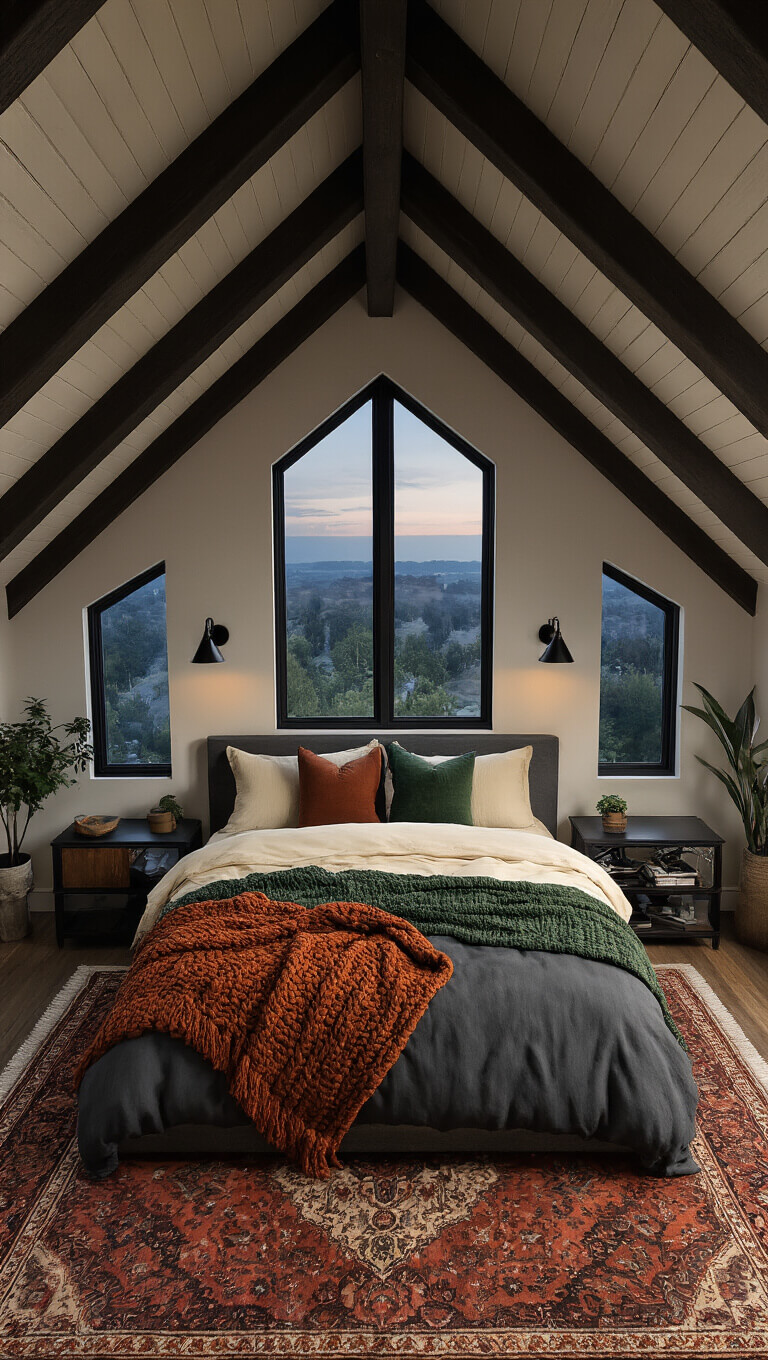 Overhead view of cozy 15x15ft bedroom at twilight with king bed under vaulted ceiling, layered bedding in charcoal, cream, green, and rust, vintage Persian rug, and ambient sconce lighting.
