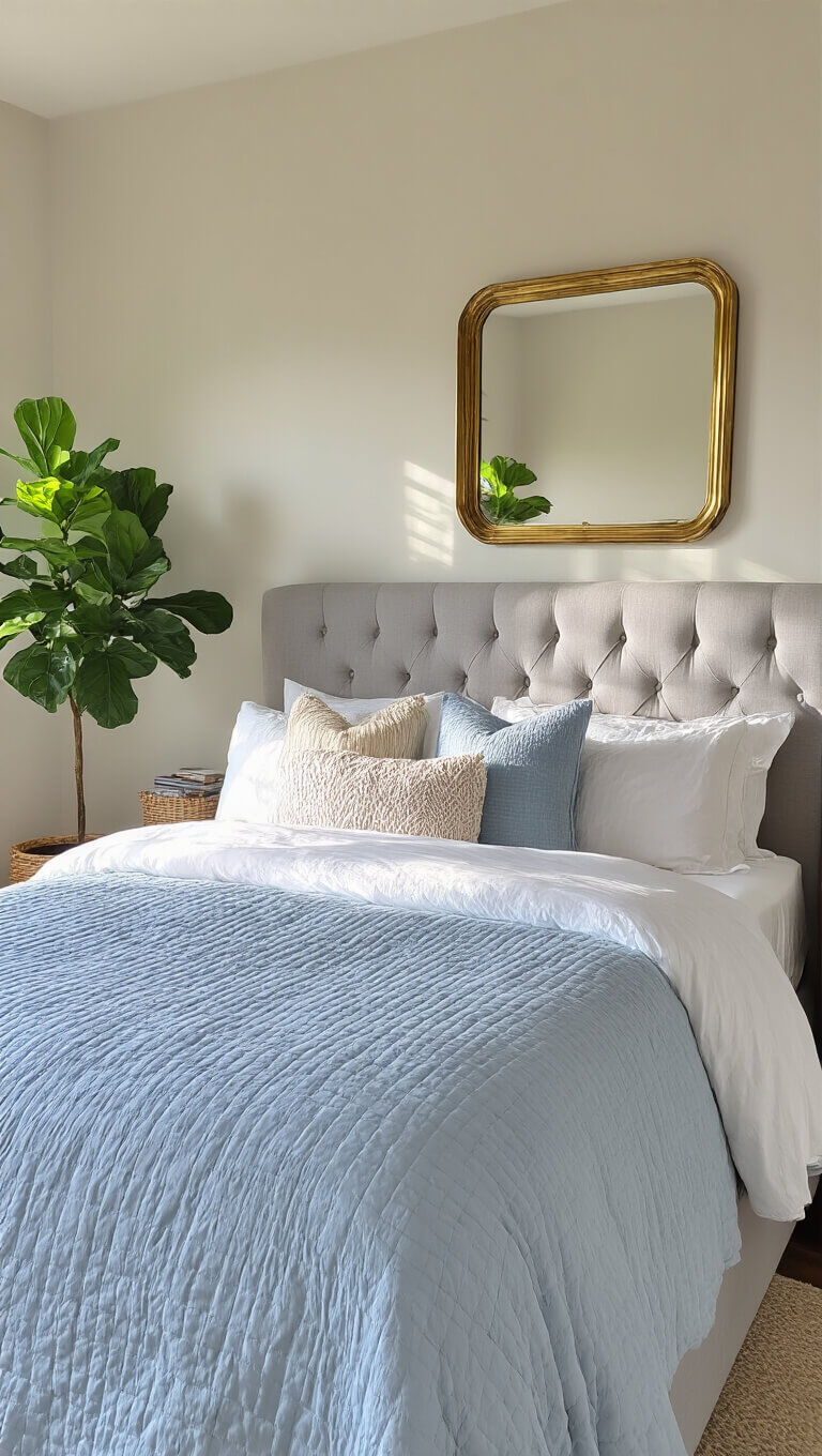 Cozy sunlit bedroom with gray upholstered headboard, white and blue bedding, textured pillows, brass mirror, fiddle leaf fig, and seagrass basket of throws.