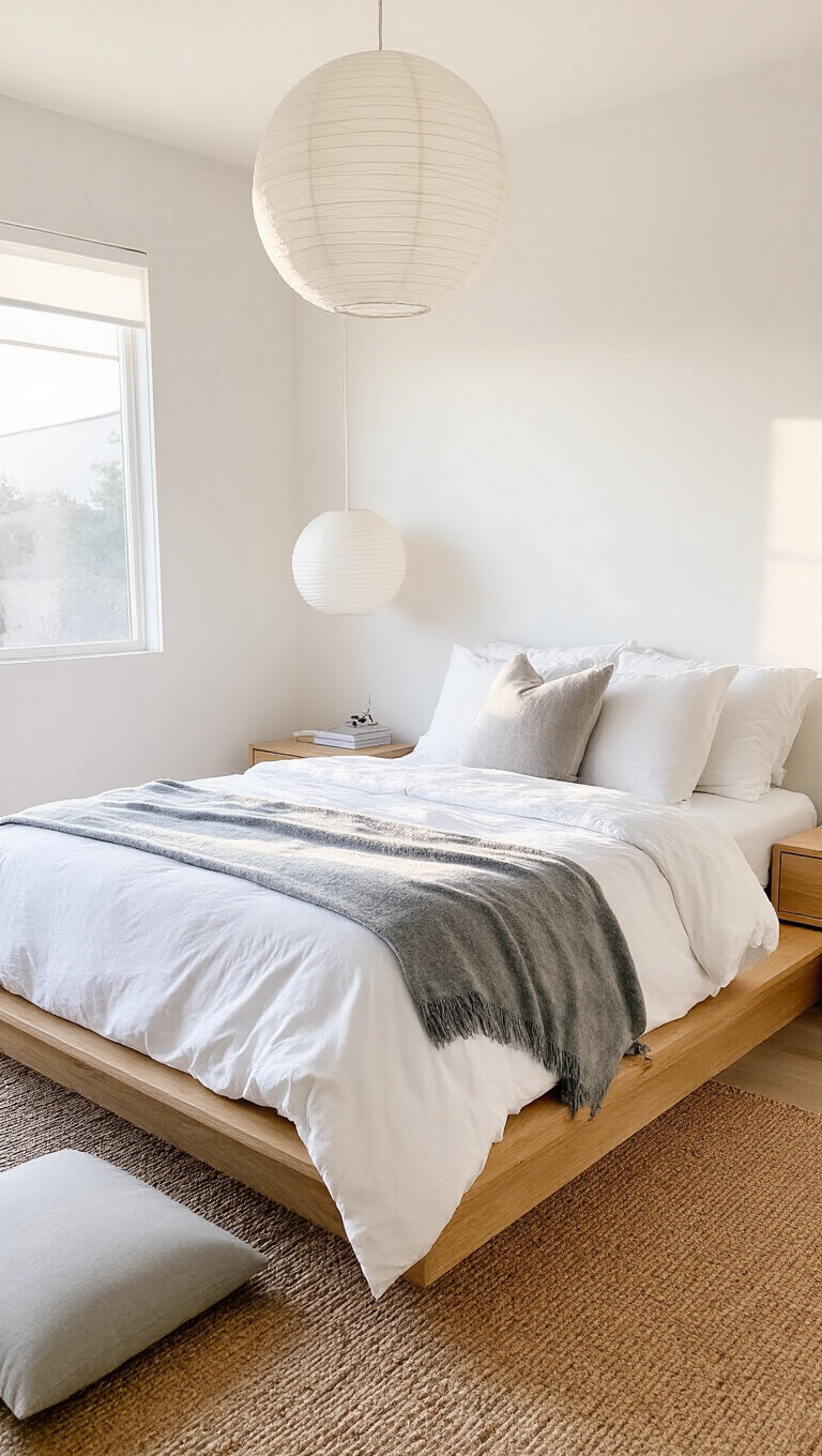 Minimalist 12x14ft bedroom at sunrise with platform bed, white sheets, gray blanket, floating wood nightstands, paper pendant lamp, and meditation cushion on sisal rug.