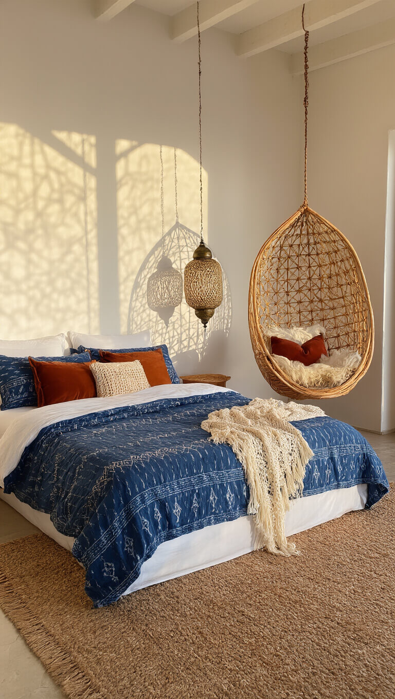 Bohemian 16x16ft bedroom at sunset with layered bedding, hanging rattan chair, and Moroccan lanterns casting patterned shadows.