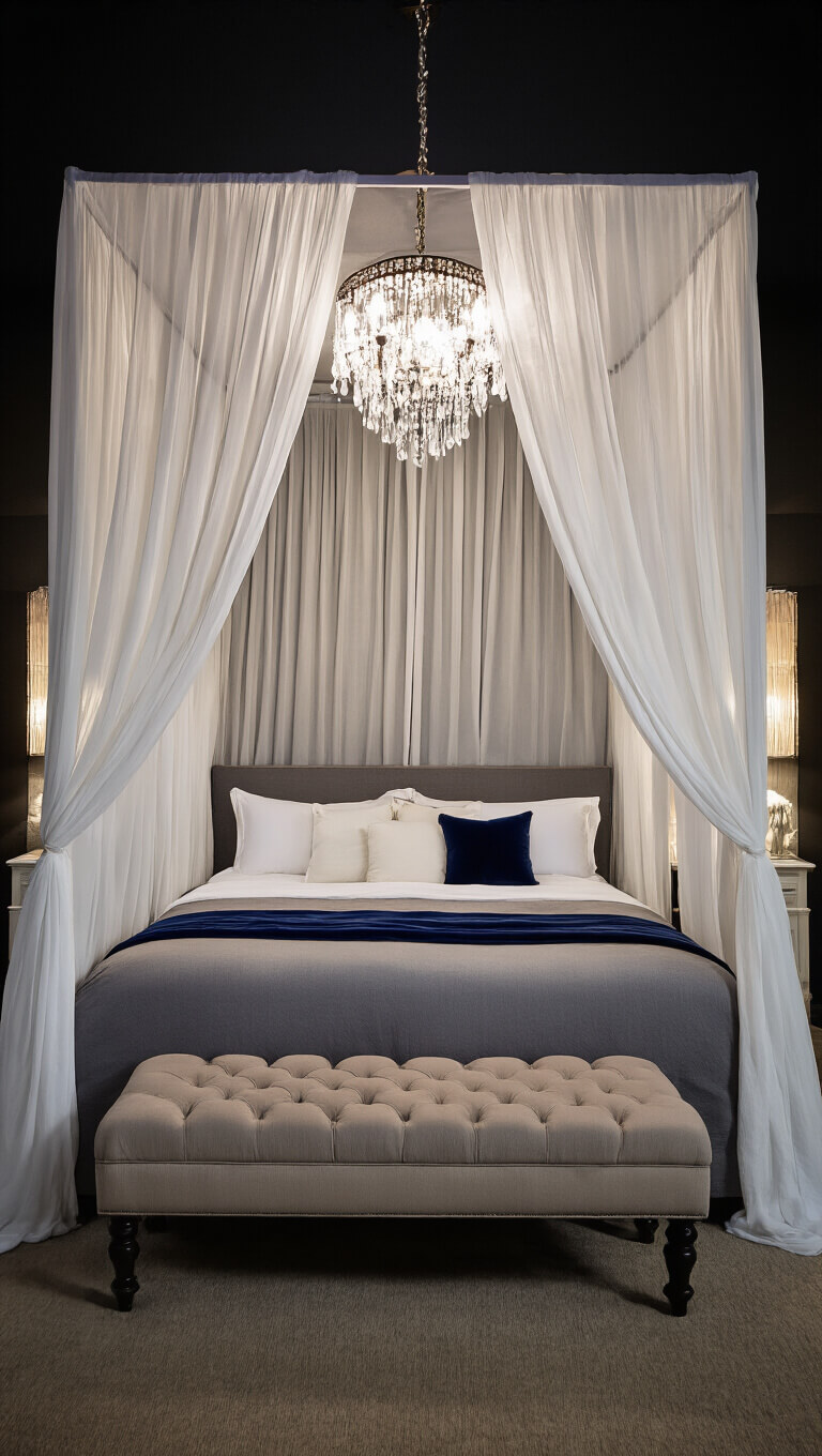Moody nighttime bedroom with a canopy bed draped in sheer white fabric, charcoal and navy bedding, crystal chandelier glow, and tufted bench at the foot.