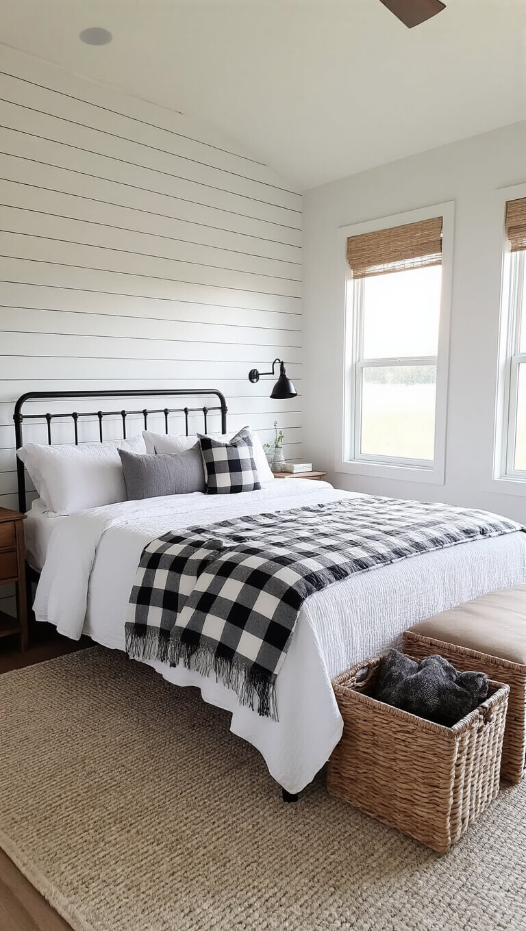 Modern farmhouse bedroom at dawn with iron bed, white sheets, gray coverlet, buffalo check throws, shiplap wall, industrial sconces, and woven baskets in soft morning light.