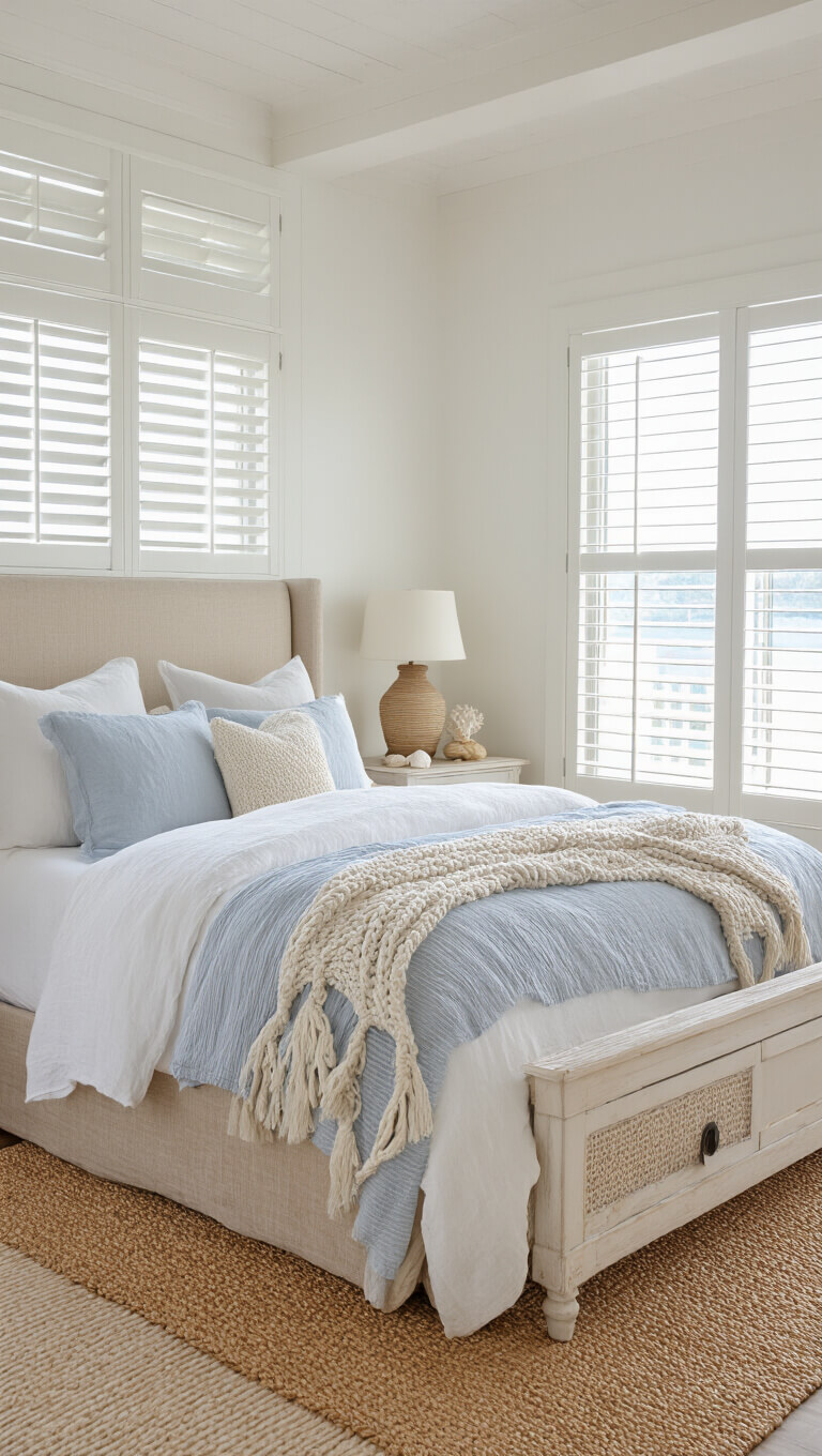Coastal-themed 13x15ft bedroom with beige upholstered bed, white and blue linens, seagrass rug, shell decor, and bright natural light through plantation shutters.