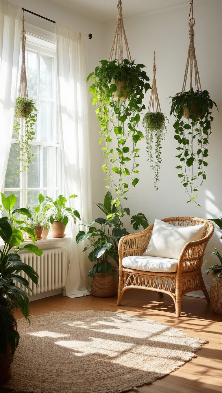 Bright bohemian living room with hanging pothos and spider plants, rattan chair, wood floors, and sunlight filtering through sheer curtains.