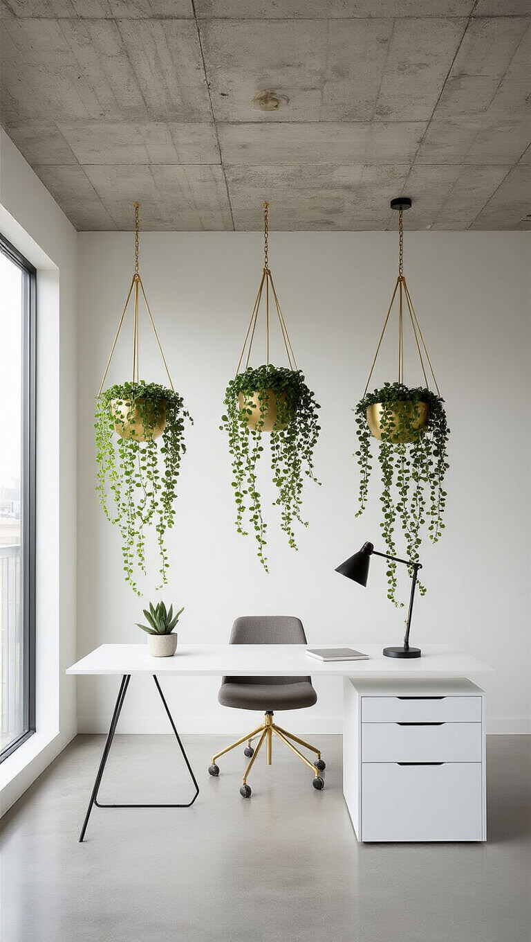 Minimalist home office with concrete ceiling, brass hanging planters holding cascading String of Pearls above white desk, accented by black task lamp and mid-afternoon natural light.